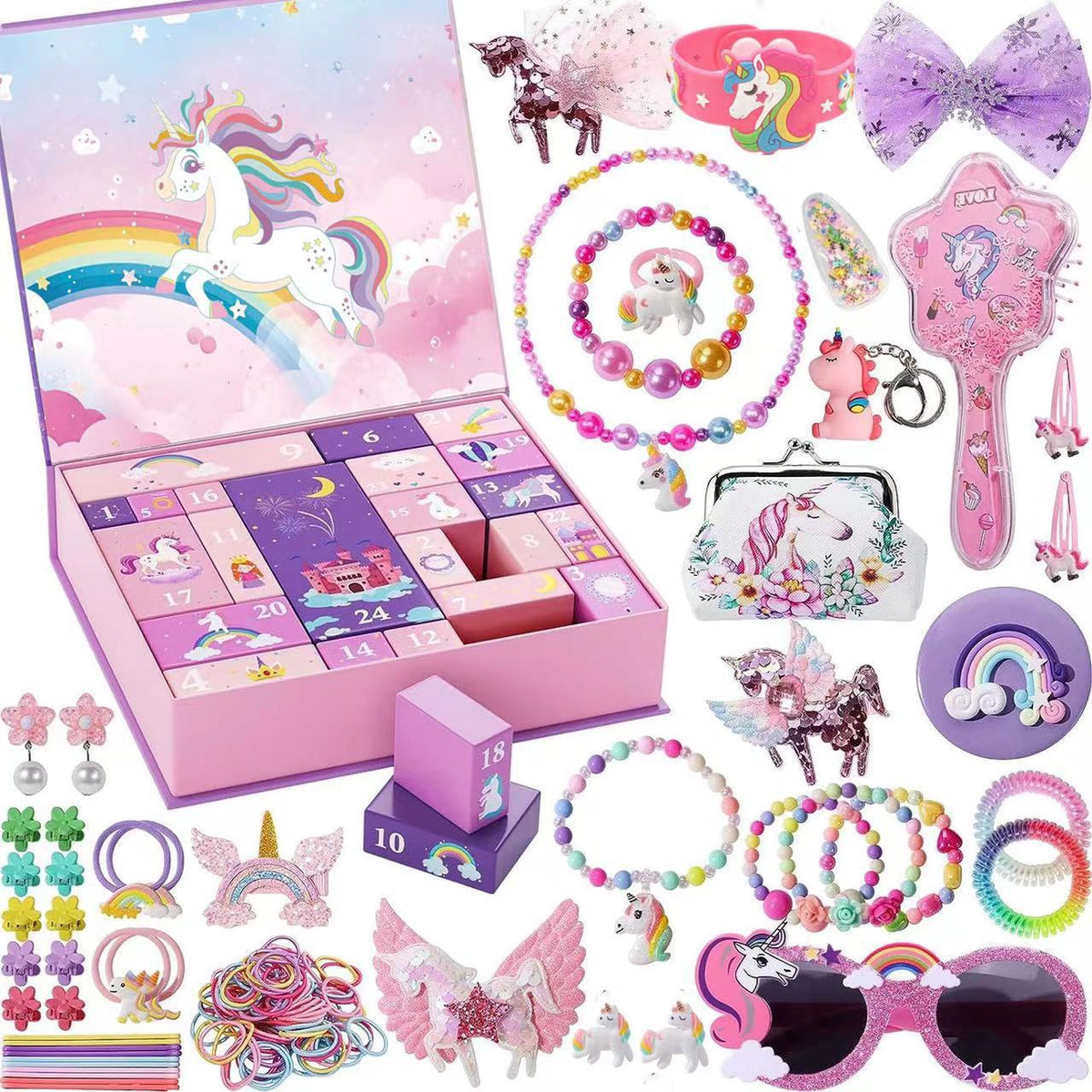 24-Day Unicorn Advent Calendar with Hair Accessories, Stickers & Surprise Gifts