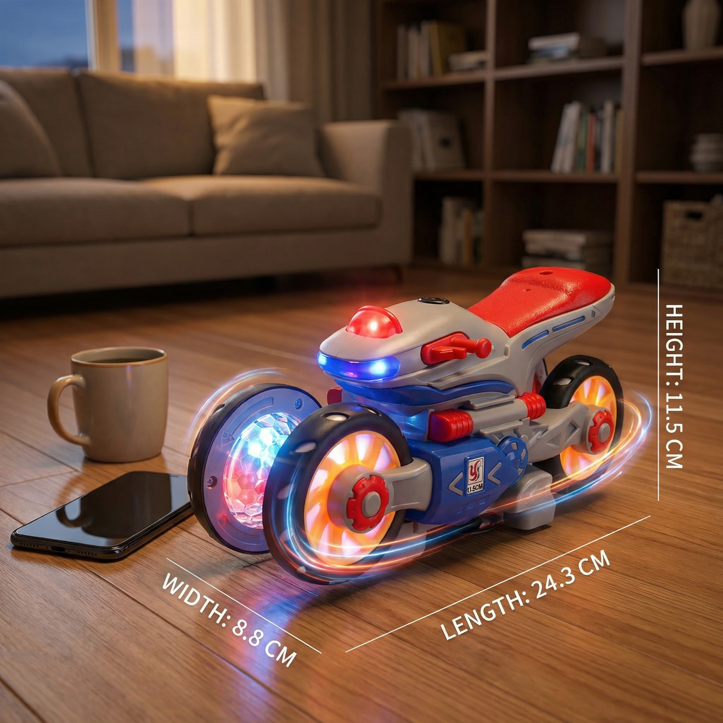 Luminous and dancing musical motorbike
