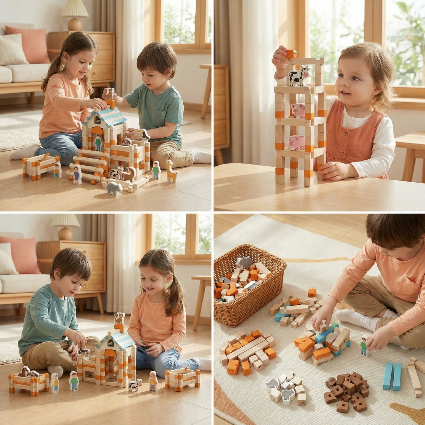 Montessori wooden building block set – natural stacking and construction toy