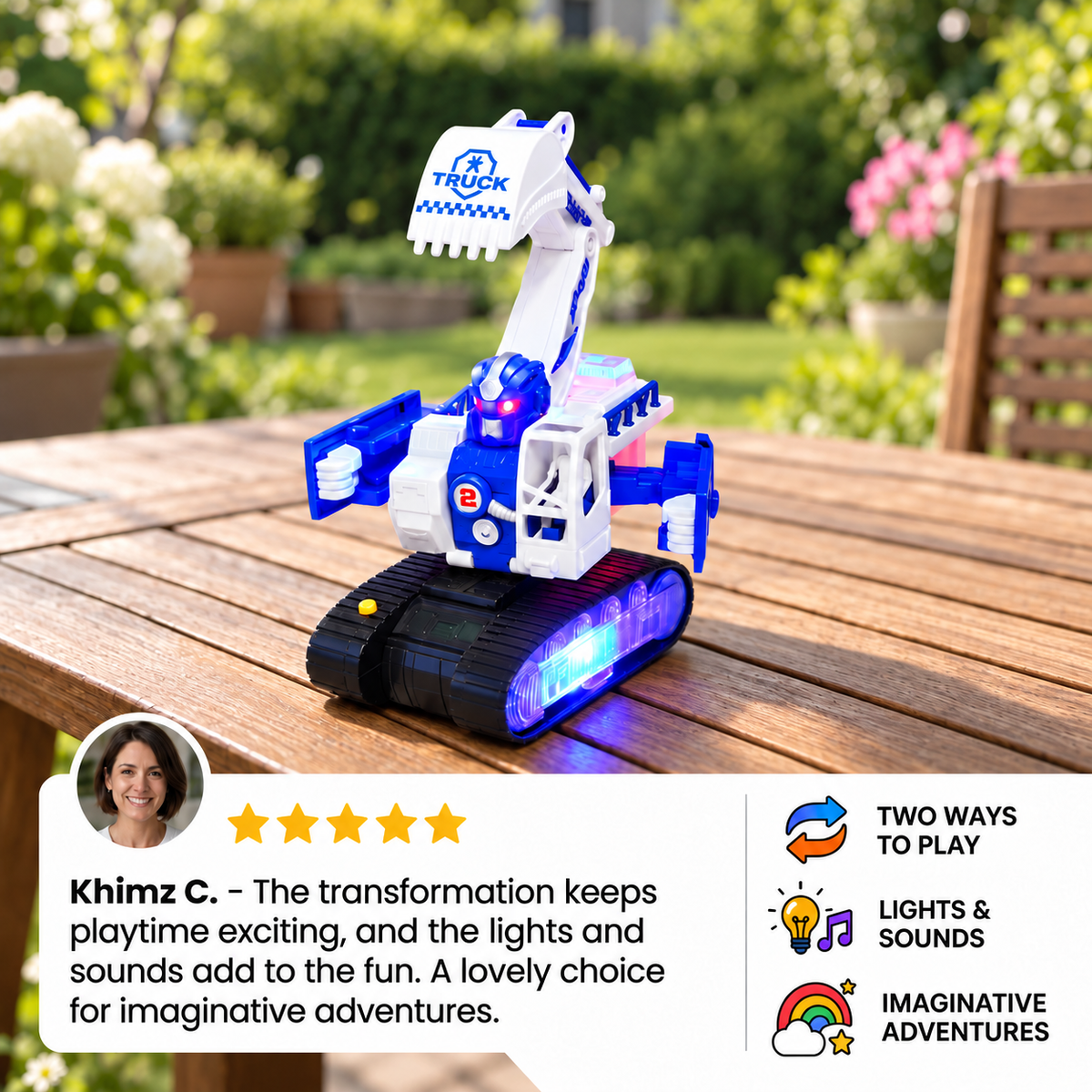 Transforming Police Robot Excavator Toy with Lights & Sounds