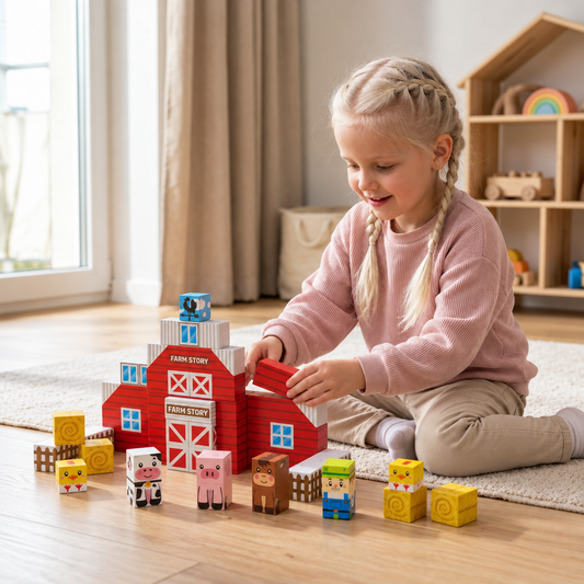 Farm Story Magnetic Building Blocks Travel Playset with Animals & Barn