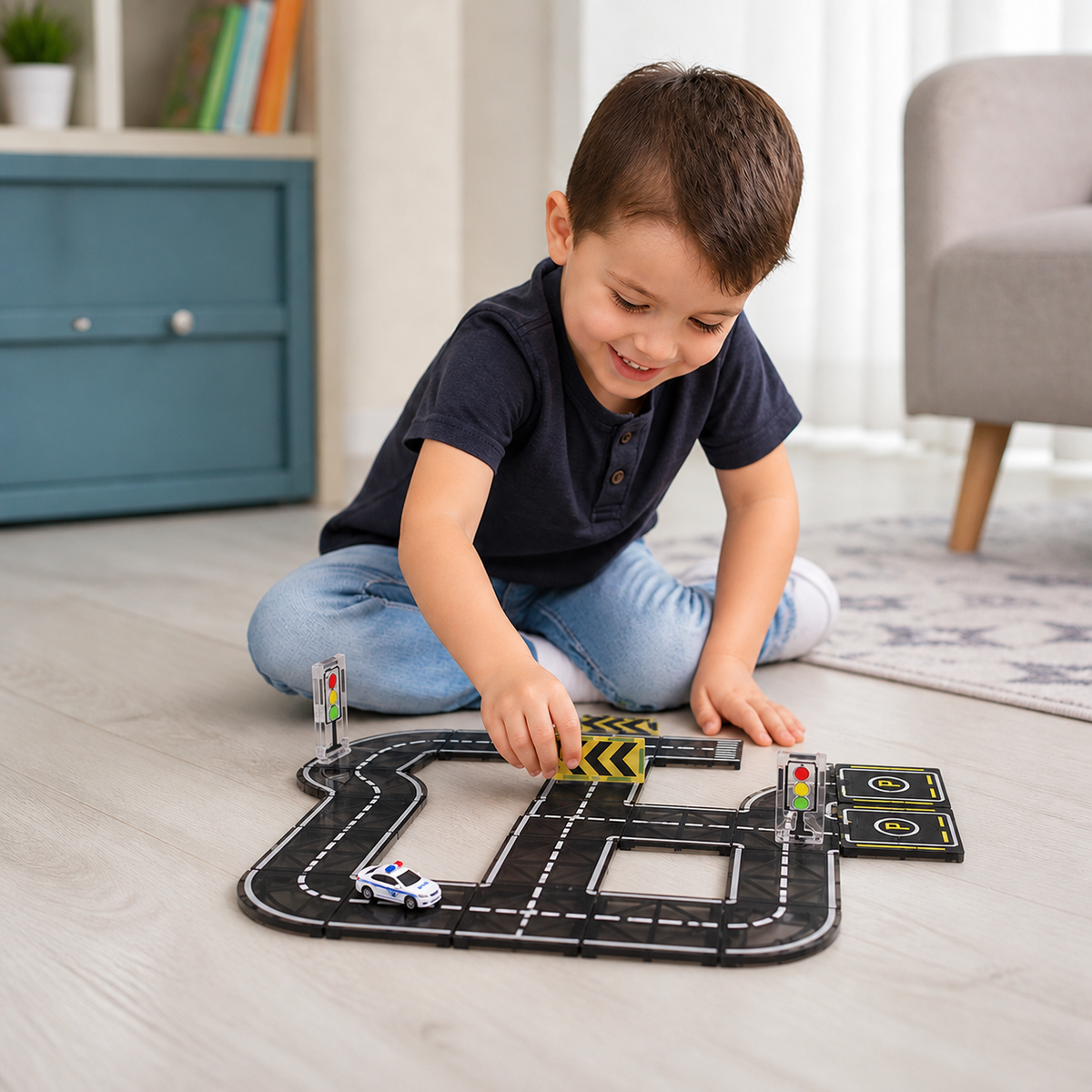Magnetic Tiles & Building Blocks Set with Roads & Traffic Lights