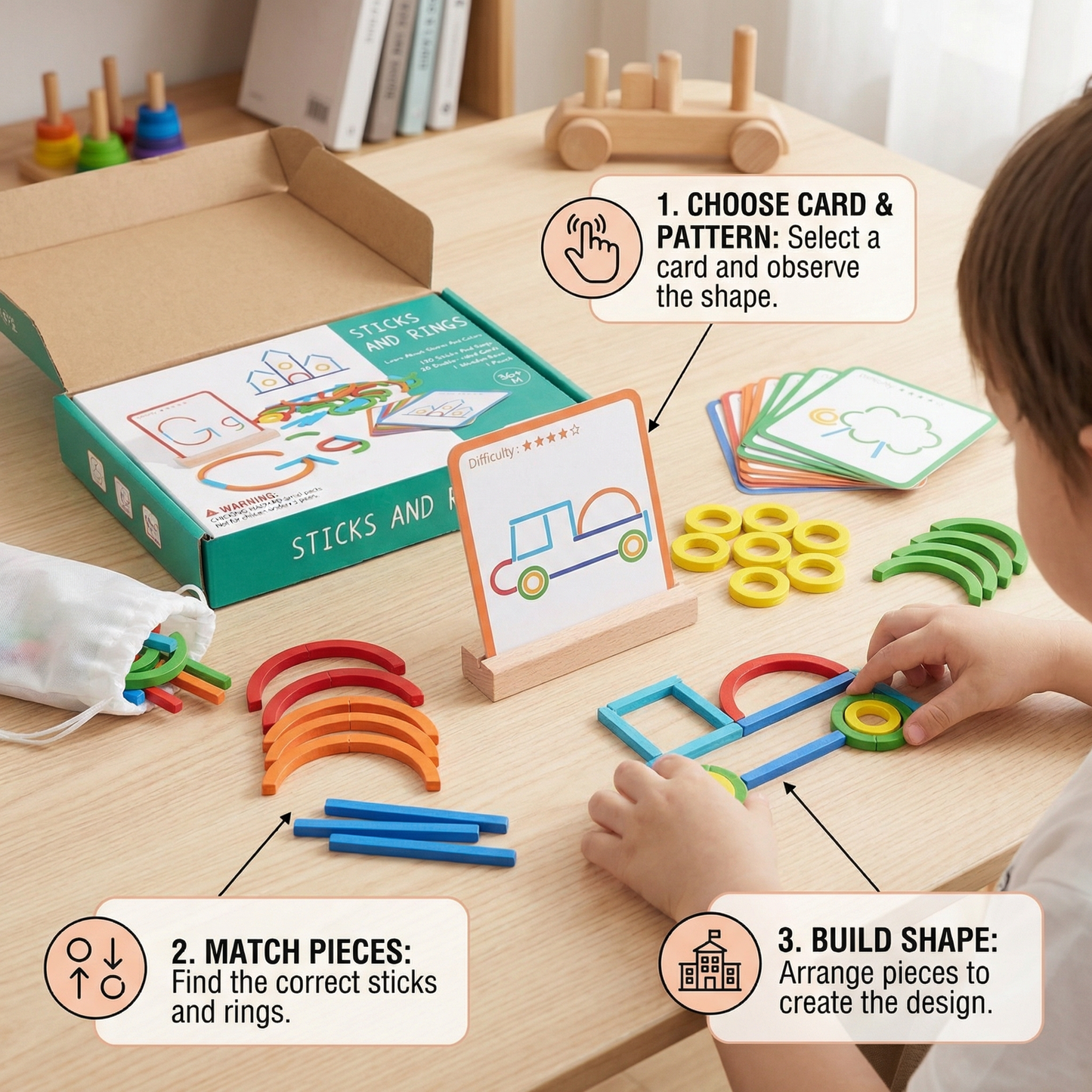 Educational Montessori Sticks and Rings Building Blocks