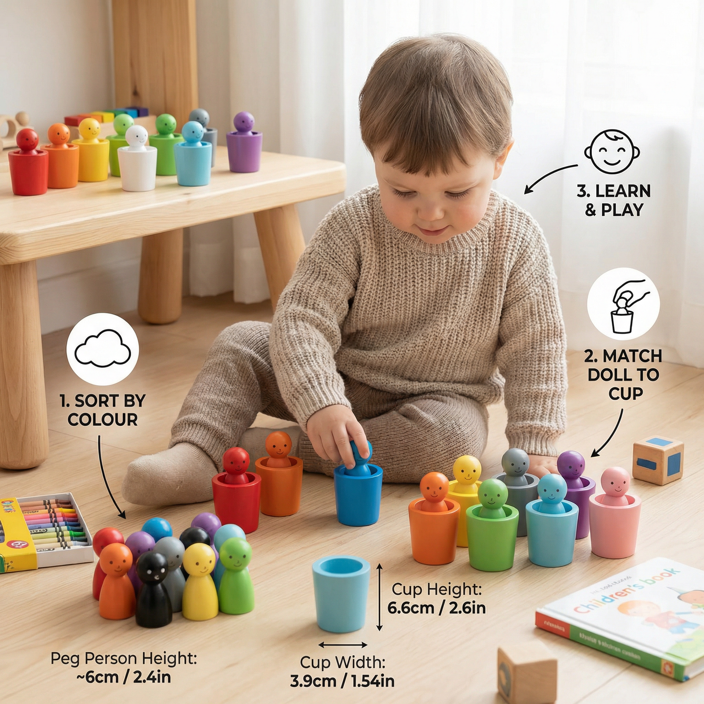Montessori Wooden Colour Sorting Cup Game