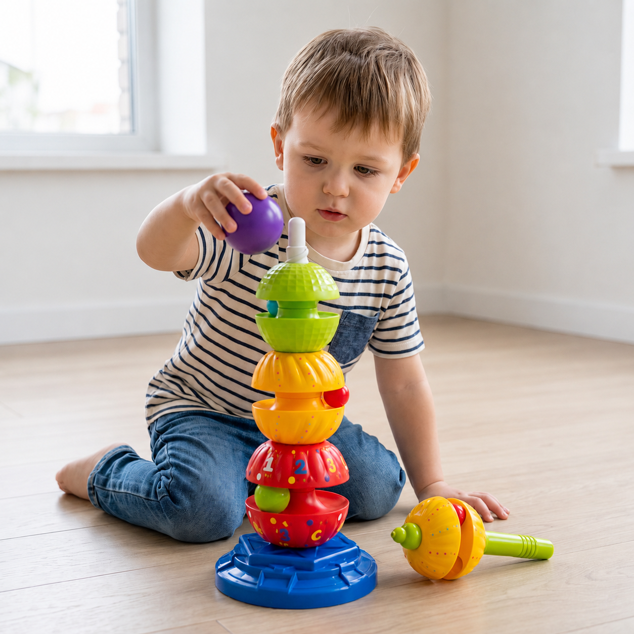 2-in-1 Interactive Rotating Stack & Ball Drop Tower with Rattle for Kids