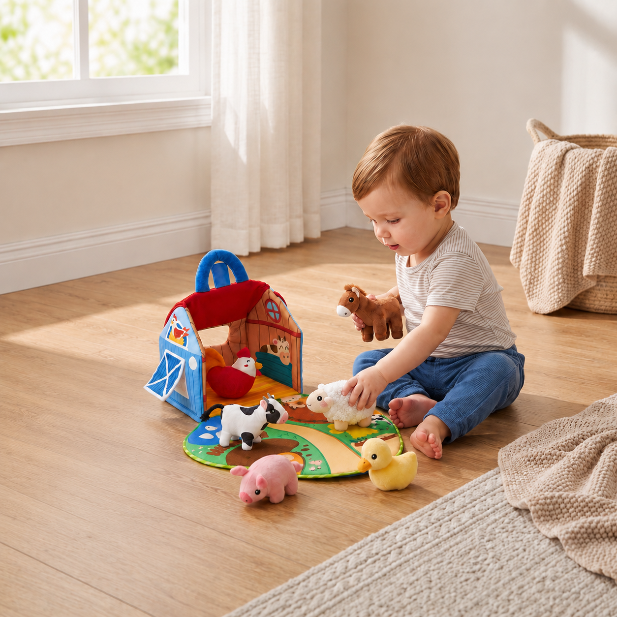 Farm Animal Plush Playset – Interactive Learning Toy with Portable Playhouse