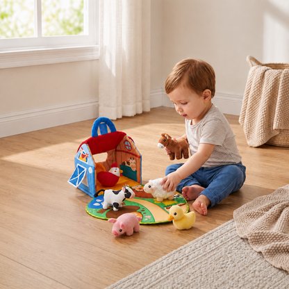 Farm Animal Plush Playset – Interactive Learning Toy with Portable Playhouse