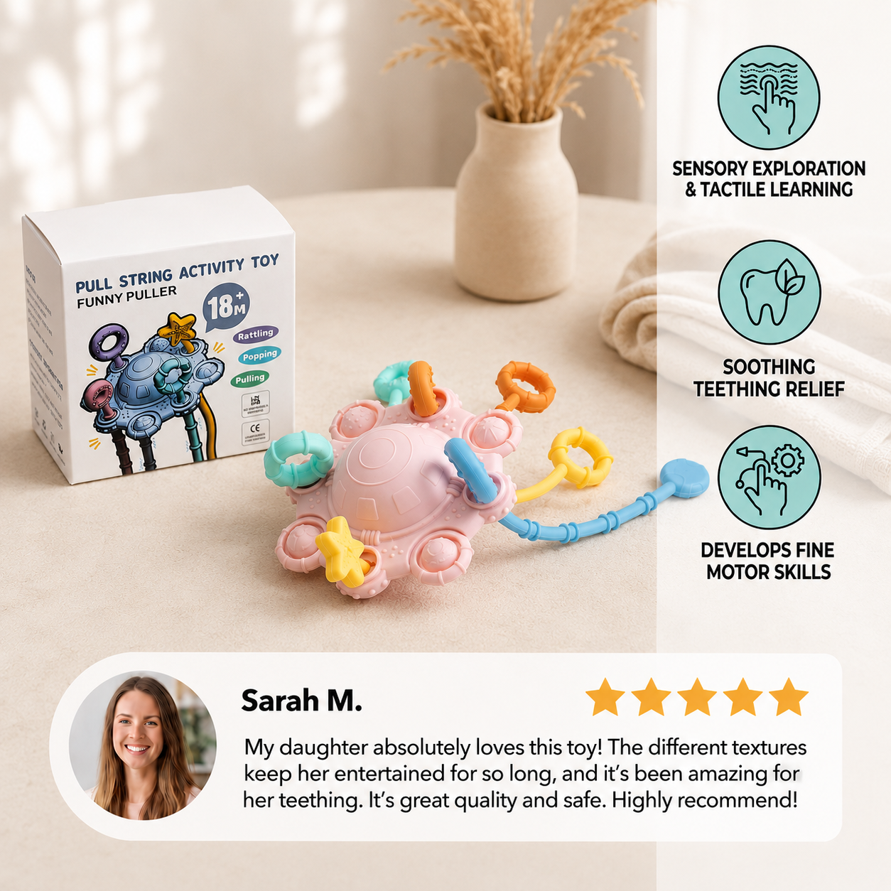 Montessori Sensory Pull & Explore Teething Toy – Silicone Pull Cord for Tactile Learning & Gum Relief