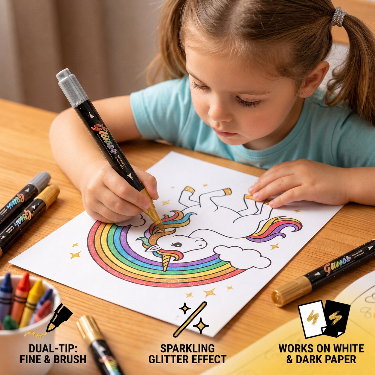 Glitter Brush Marker Set – Dual-Tip Sparkling Art Markers