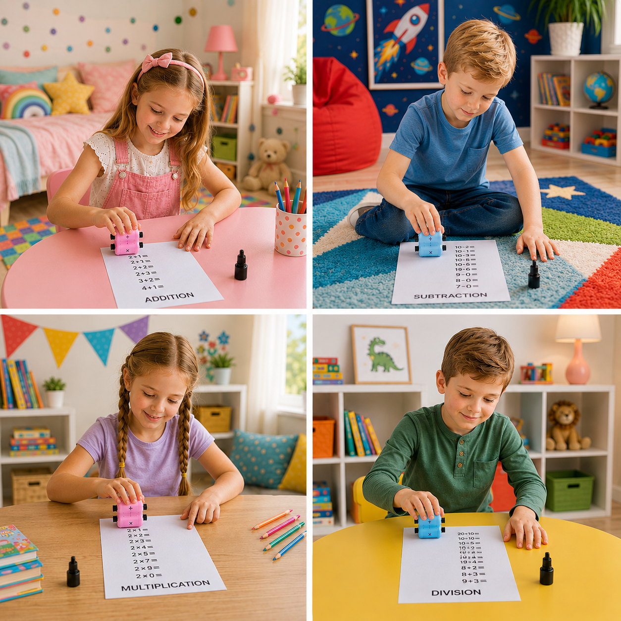 4-in-1 Math Roller Stamp – Addition, Subtraction, Multiplication & Division Practice