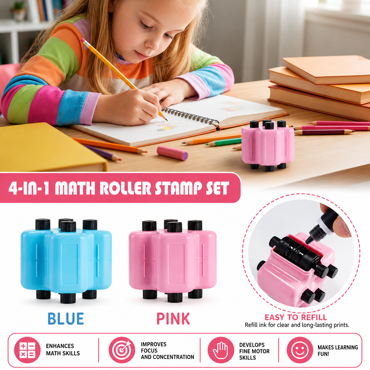4-in-1 Math Roller Stamp – Addition, Subtraction, Multiplication & Division Practice