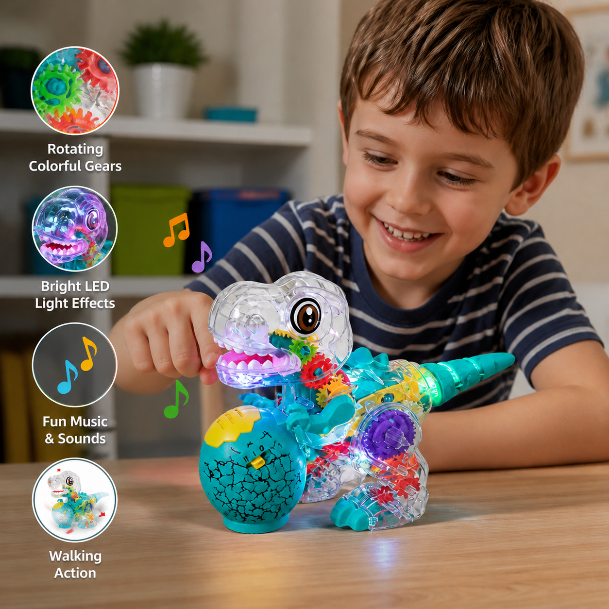 Interactive Light-Up Gear Dinosaur Toy with Music & Walking Action
