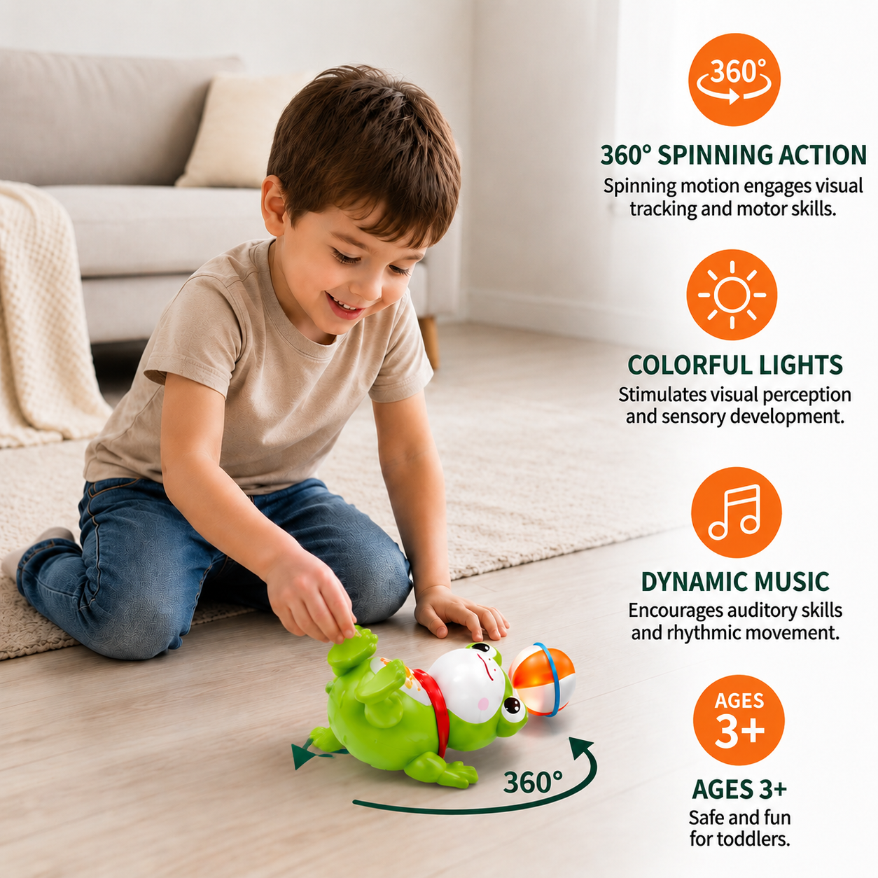 Interactive Ball-Balancing Frog Toy with Lights, Music & 360° Rotation