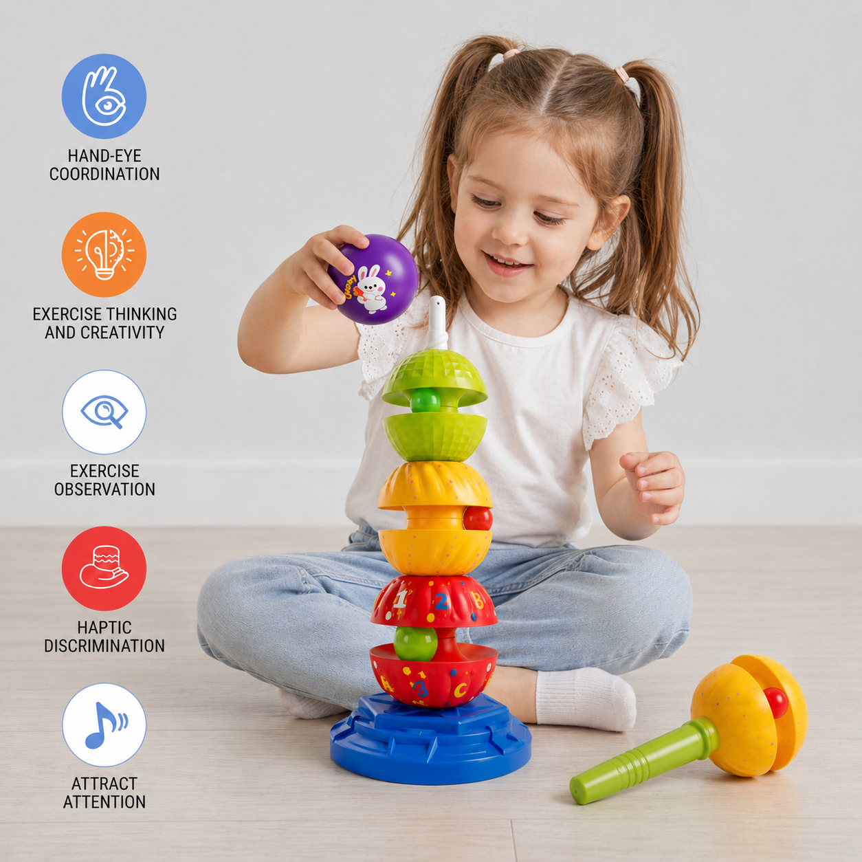 2-in-1 Interactive Rotating Stack & Ball Drop Tower with Rattle for Kids