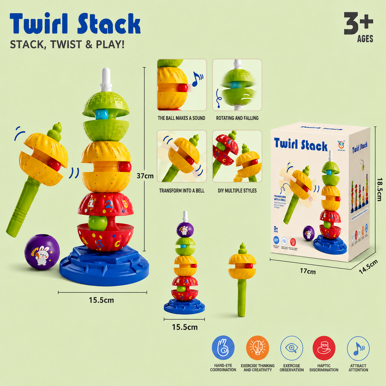2-in-1 Interactive Rotating Stack & Ball Drop Tower with Rattle for Kids
