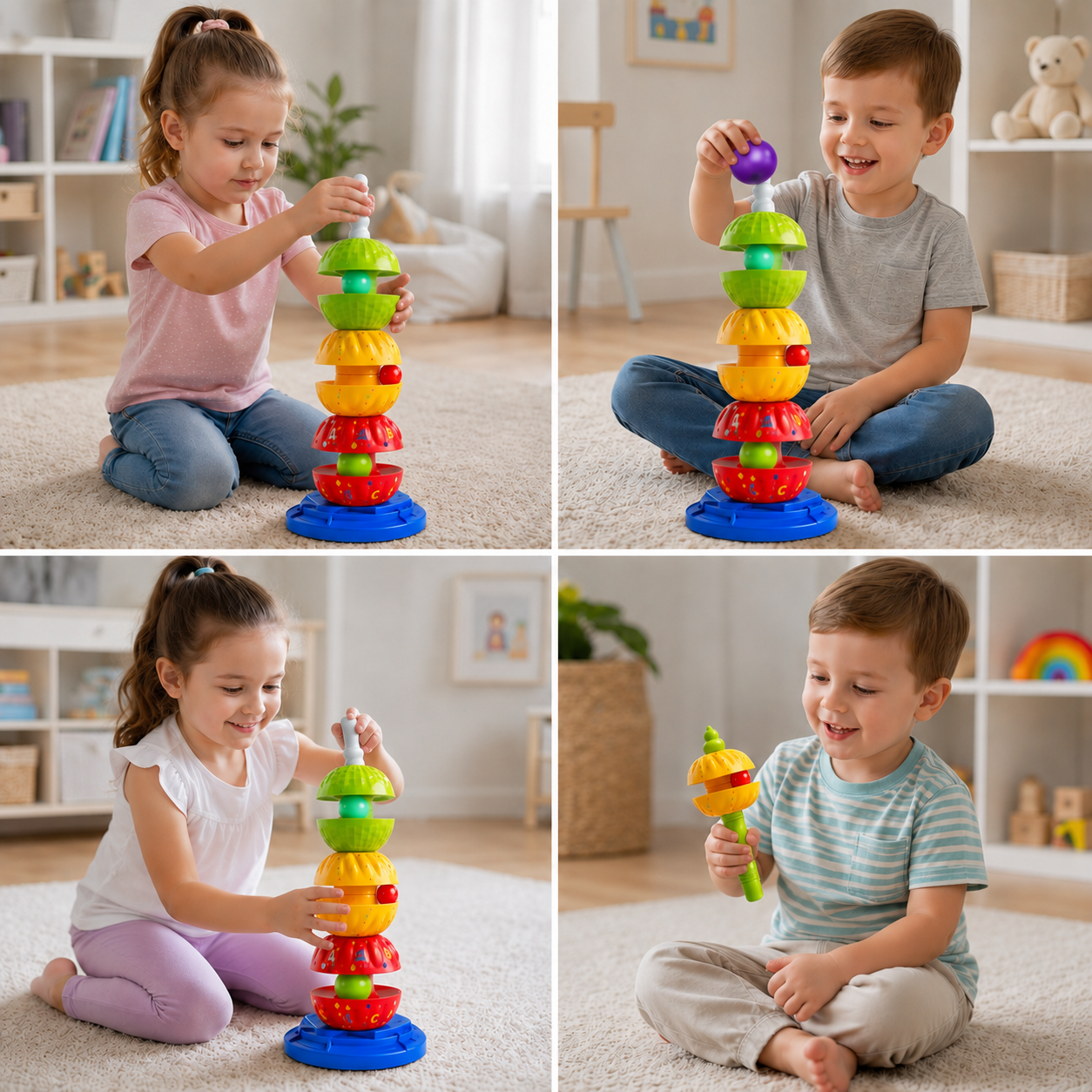 2-in-1 Interactive Rotating Stack & Ball Drop Tower with Rattle for Kids