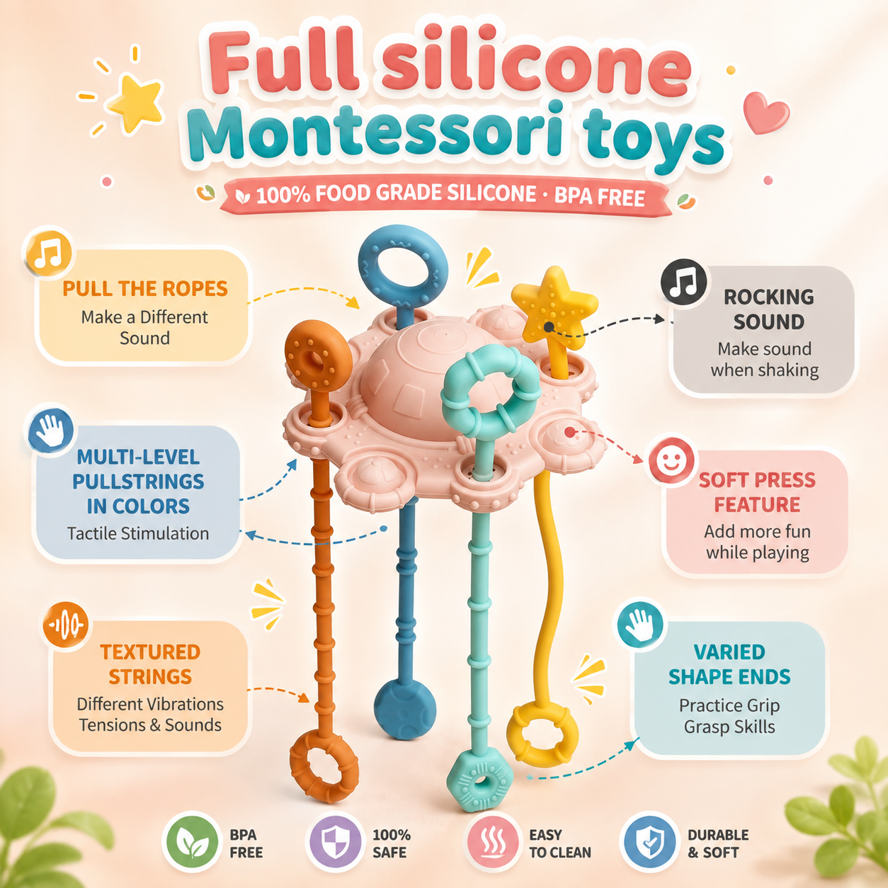 Montessori Sensory Pull & Explore Teething Toy – Silicone Pull Cord for Tactile Learning & Gum Relief