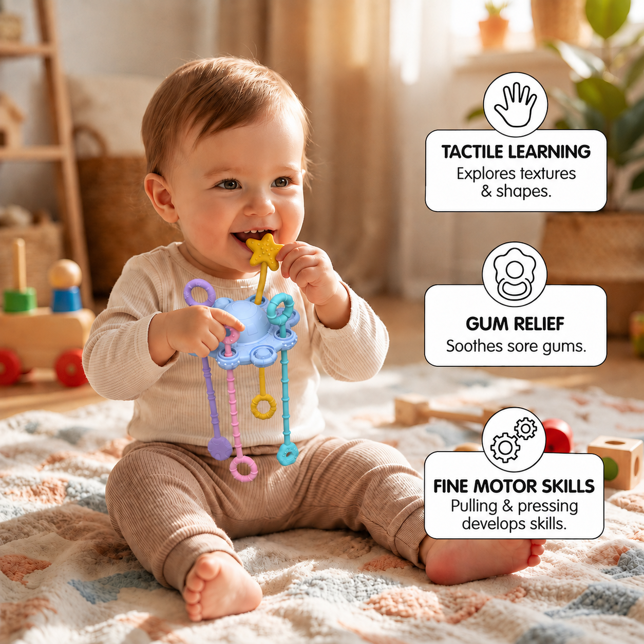 Montessori Sensory Pull & Explore Teething Toy – Silicone Pull Cord for Tactile Learning & Gum Relief