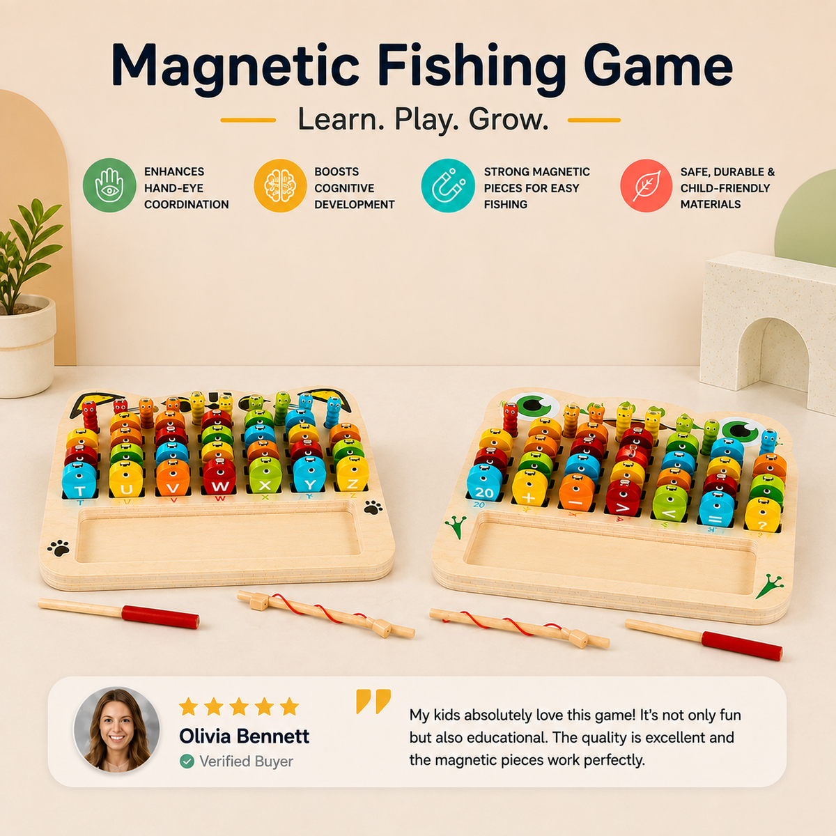 Wooden Magnetic Fishing Game – Alphabet, Math & Fine Motor Skills Learning Toy for Kids