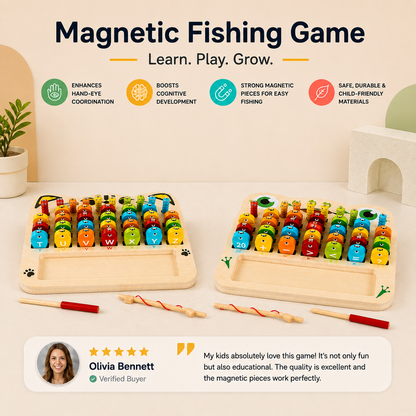 Wooden Magnetic Fishing Game – Alphabet, Math & Fine Motor Skills Learning Toy for Kids