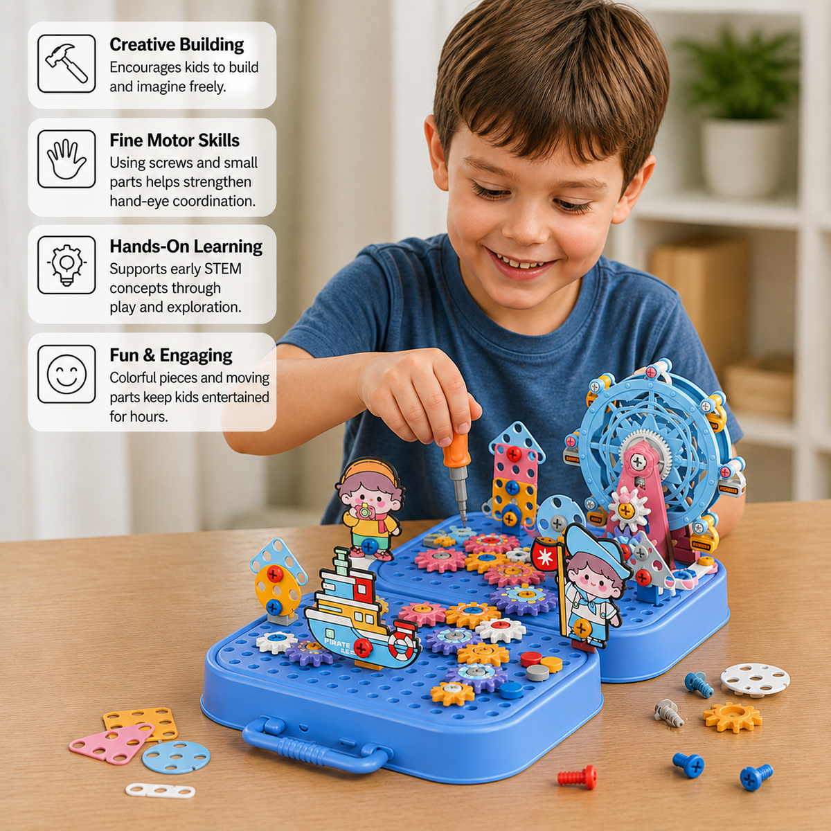 DIY Kids Engineering Tool Box with Building Board, Ferris Wheel & Electric Drill