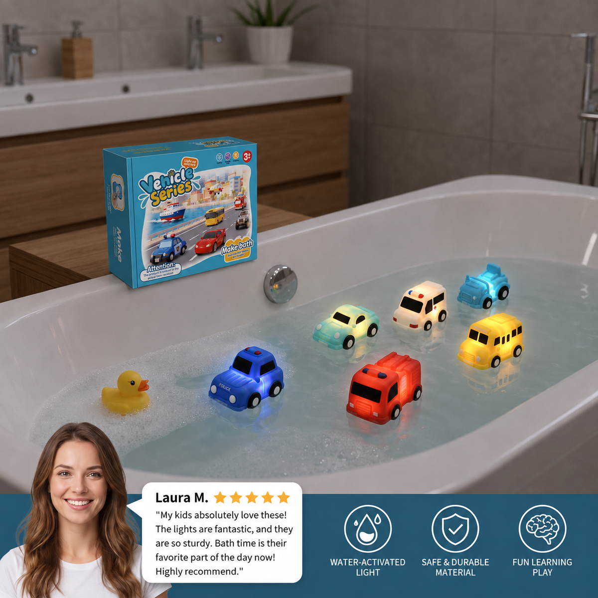 Light-Up Bath Toy Car Set – Water-Activated Baby Bath Toys