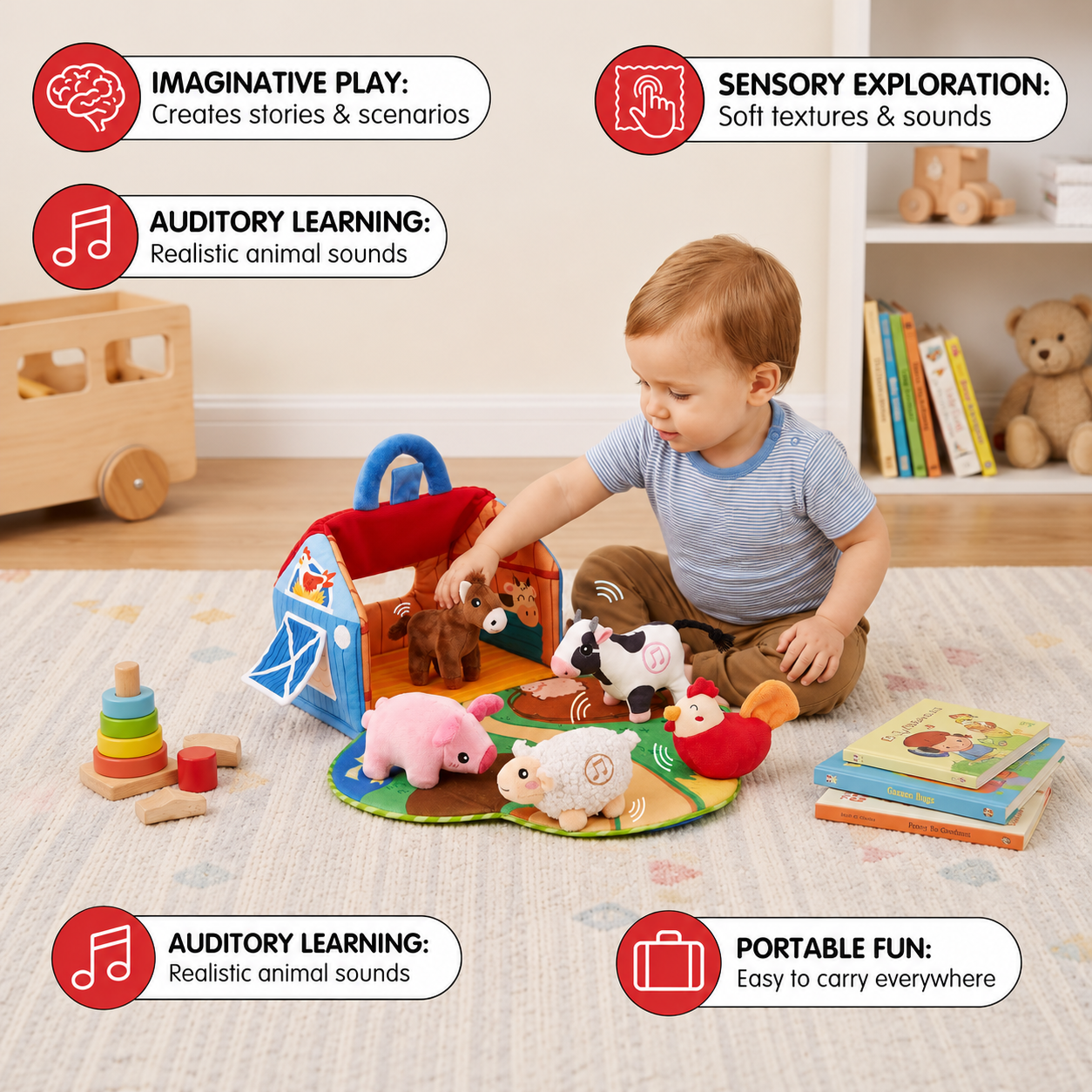 Farm Animal Plush Playset – Interactive Learning Toy with Portable Playhouse