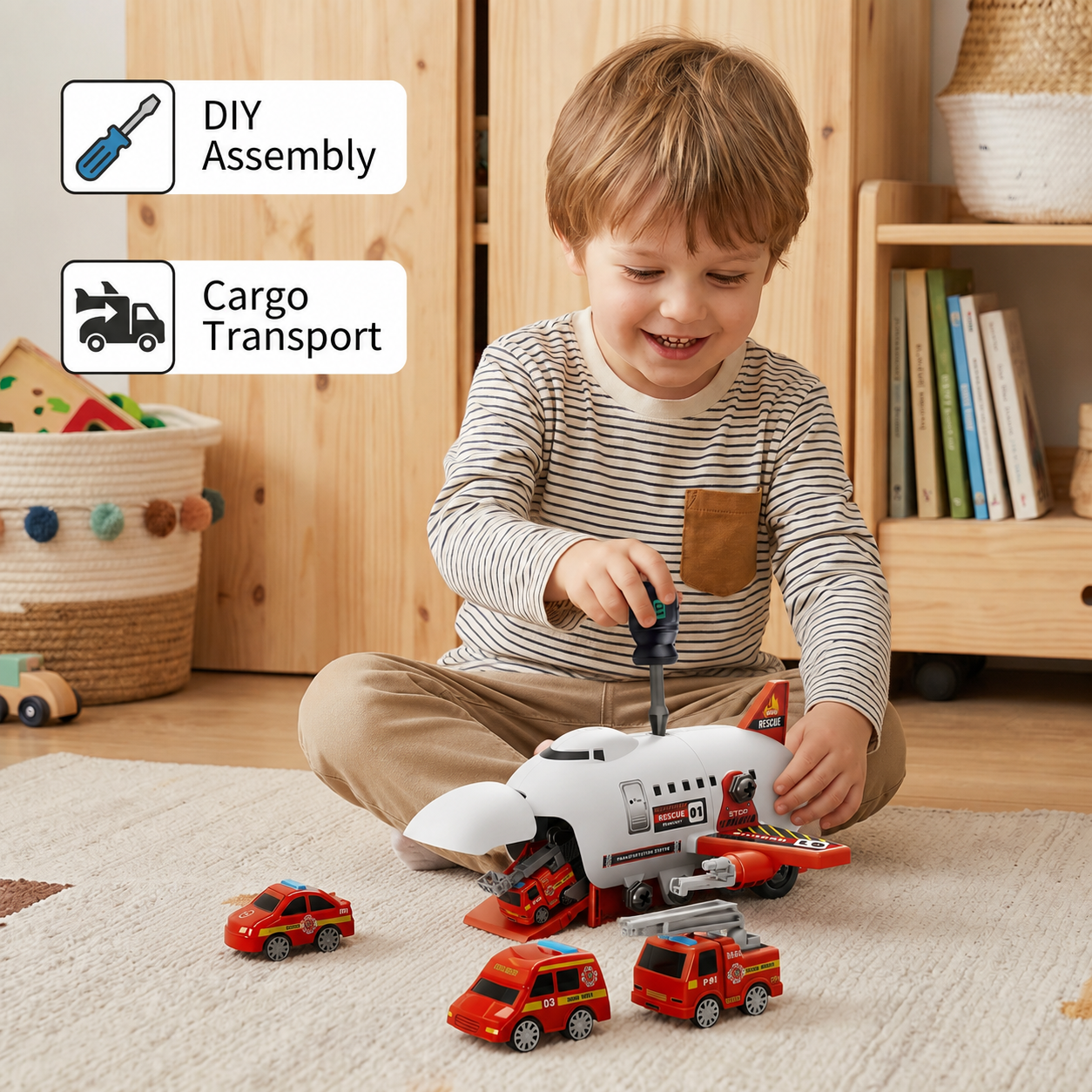 DIY Airplane Transport Truck Playset with Construction Vehicles
