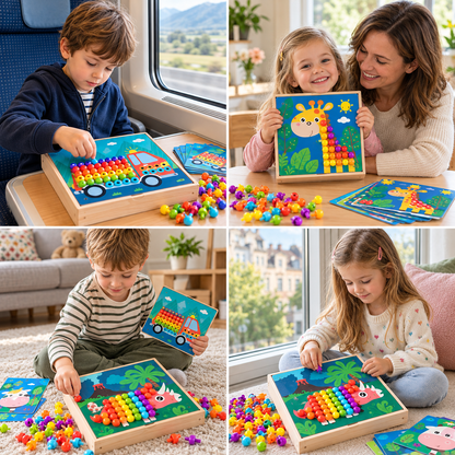 4-in-1 Montessori Wooden Sensory Activity Travel Board Box with Gears & Colorful Pegs