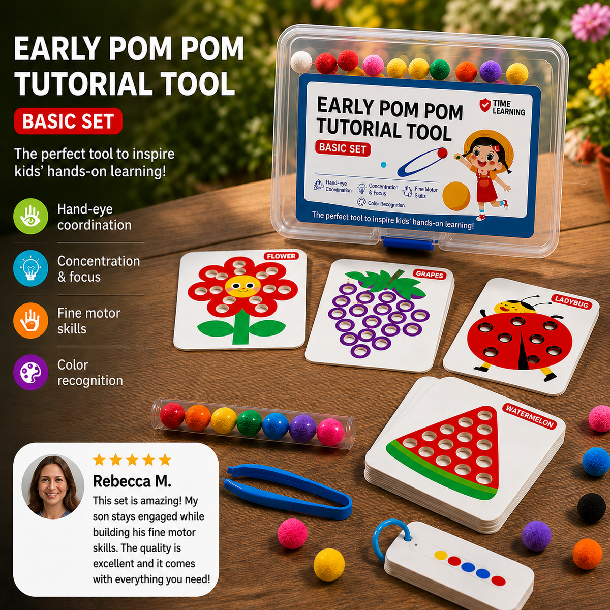 Montessori Pom-Pom Color & Numbers Learning Game for Fine Motor Skills