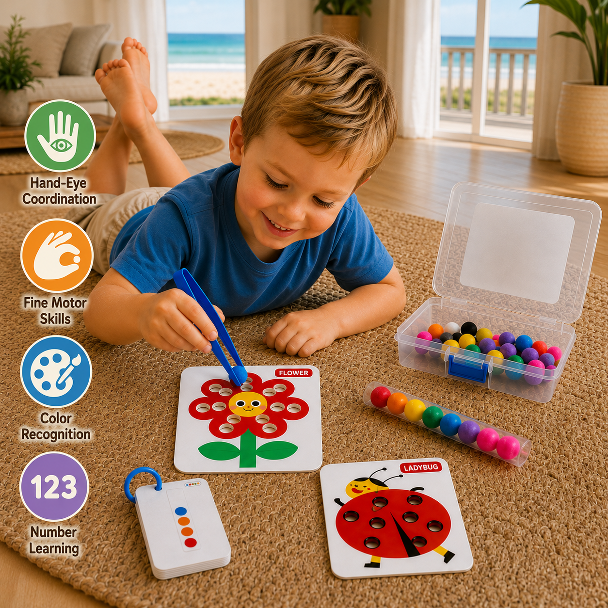 Montessori Pom-Pom Color & Numbers Learning Game for Fine Motor Skills