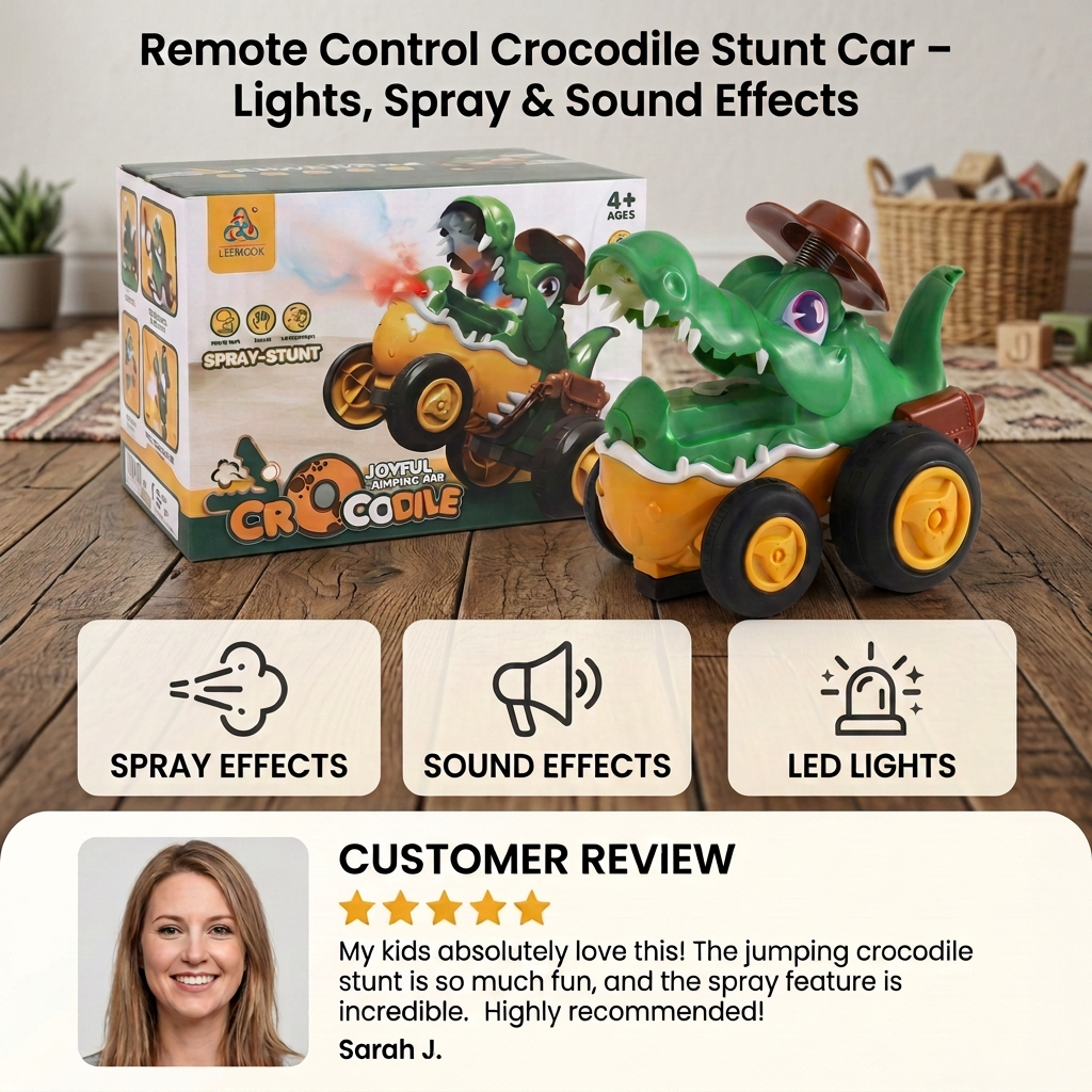 Remote Control Crocodile Stunt Car – Lights, Spray & Sound Effects