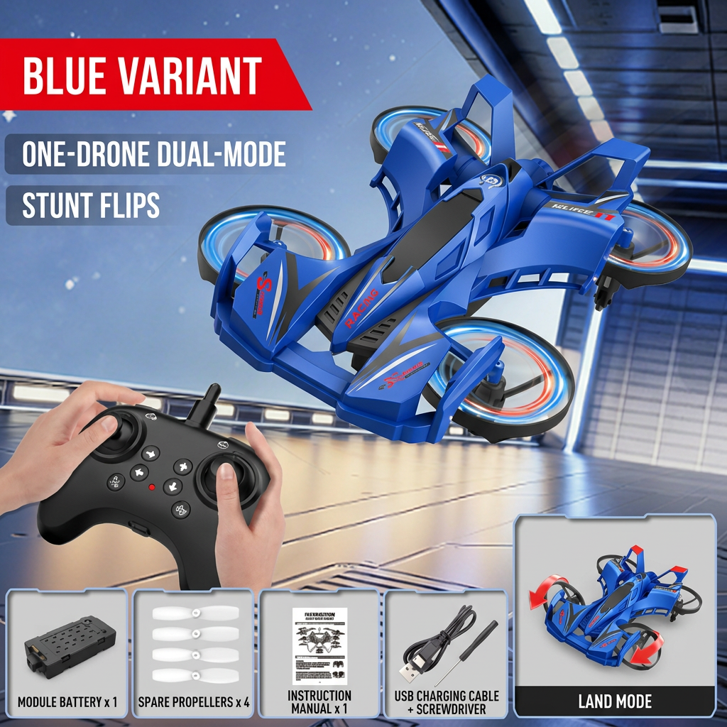 2-in-1 Remote Control Flying Drone & Stunt Racing Car