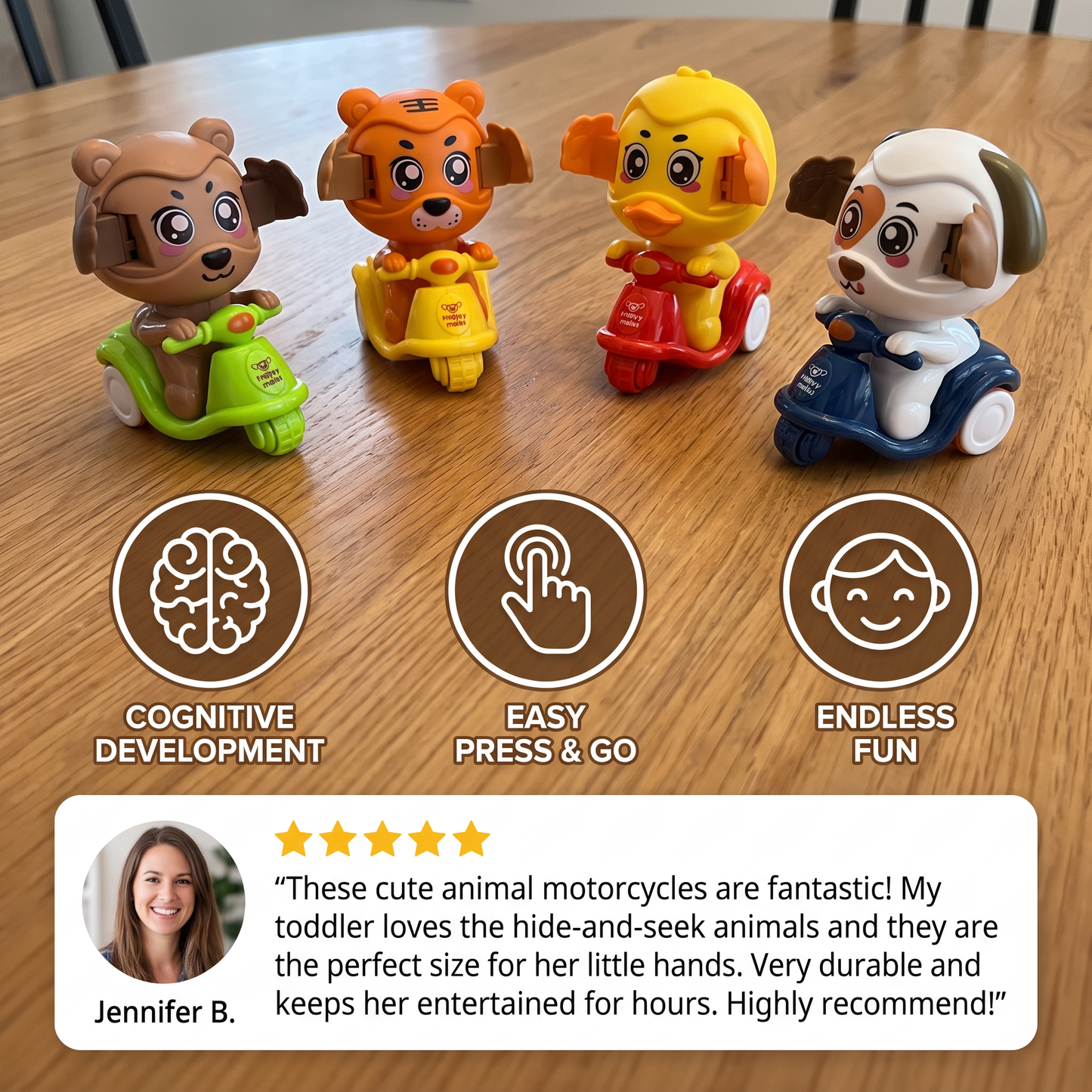 Press & Go Animal Motorcycle Toy – Cute Hide-and-Seek Character Car