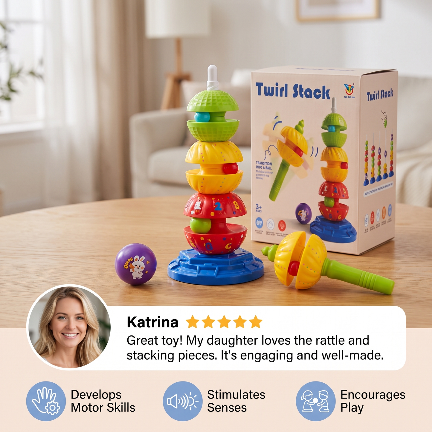 2-in-1 Interactive Rotating Stack & Ball Drop Tower with Rattle for Kids