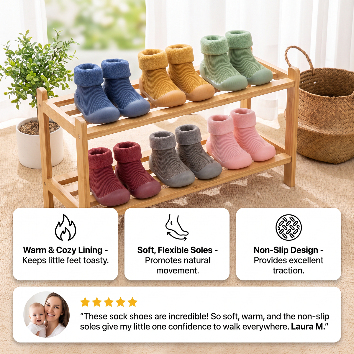 Warm Baby Walking Sock Shoes with Soft Non-Slip Soles