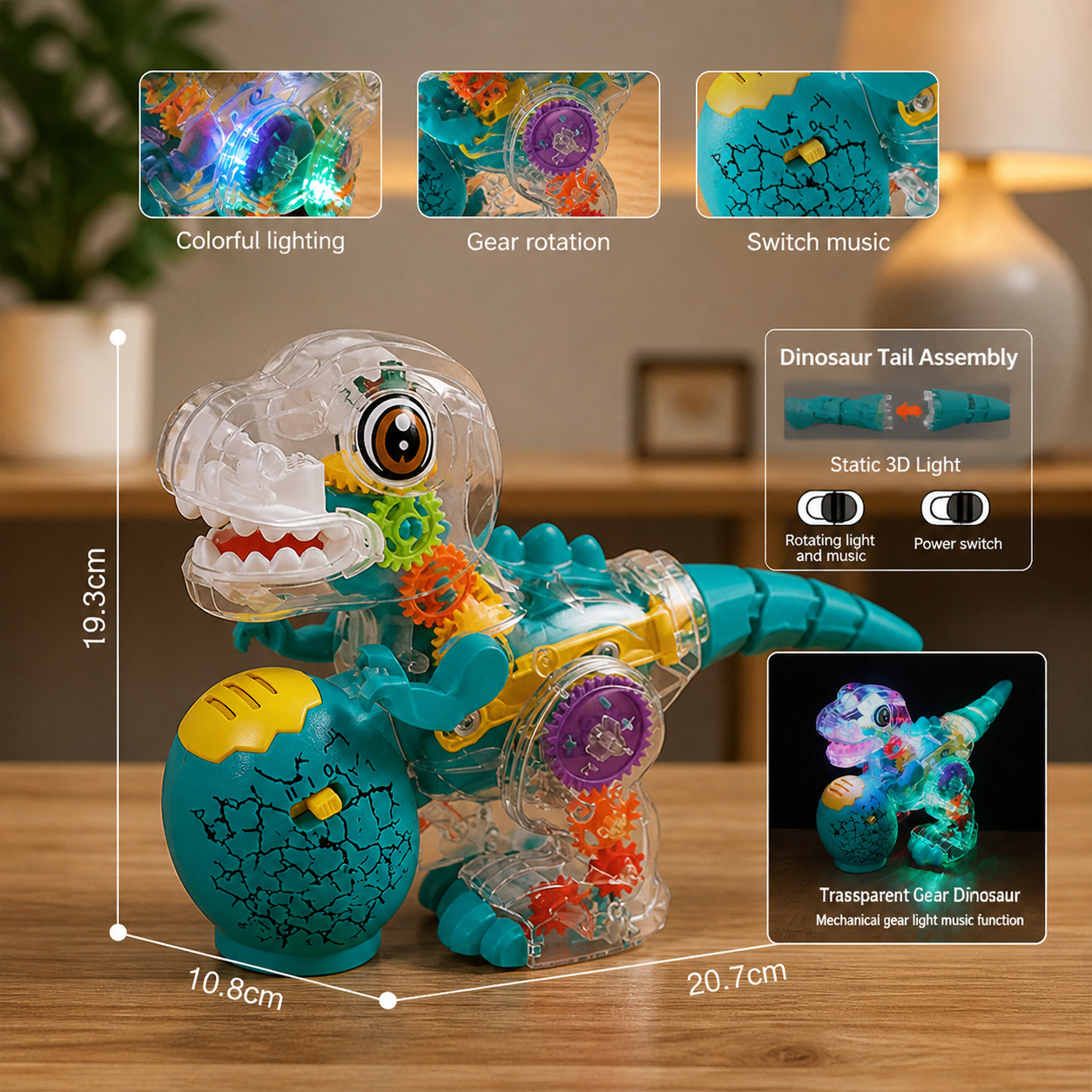 Interactive Light-Up Gear Dinosaur Toy with Music & Walking Action
