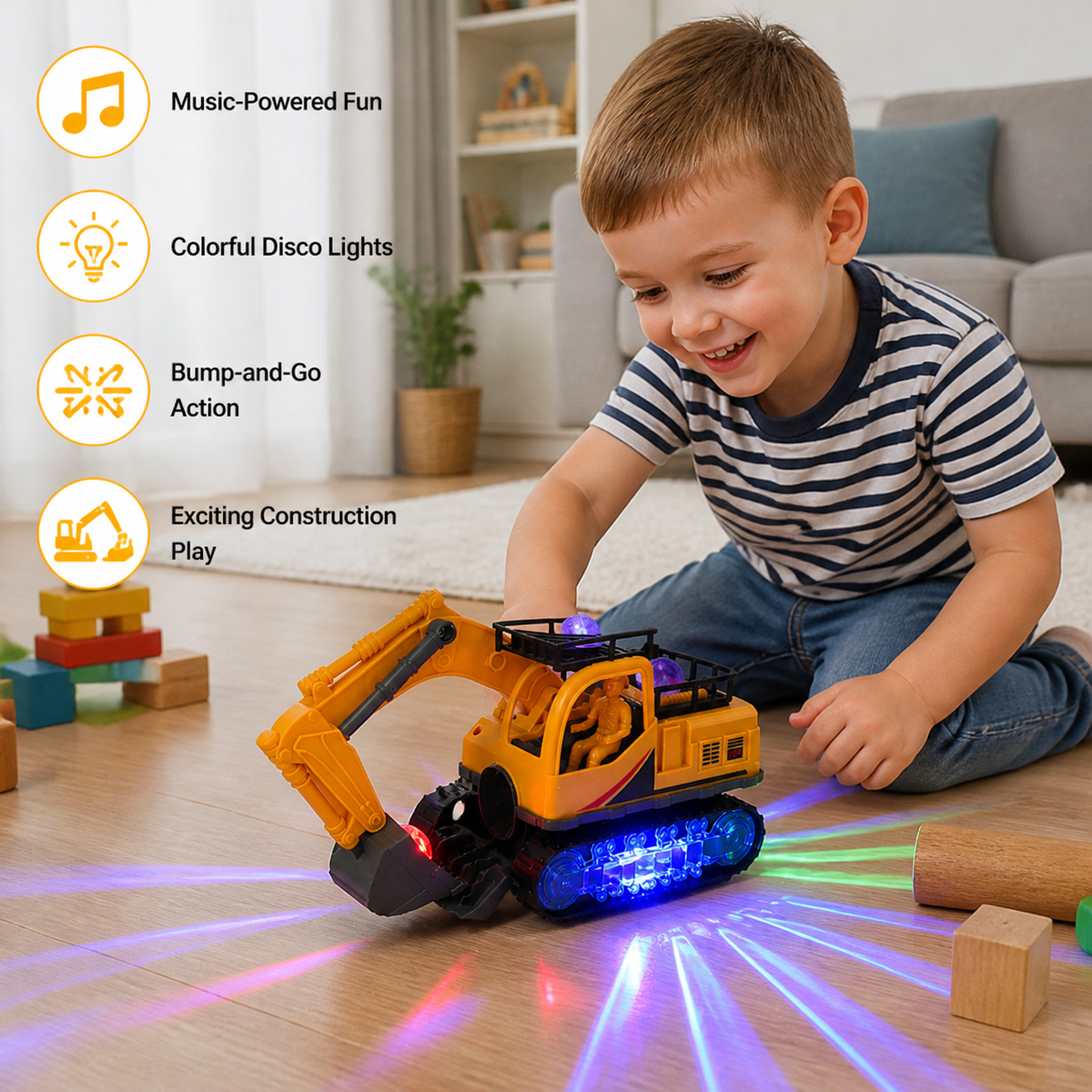 Electric Excavator Toy with Disco Ball, Music & Bump-and-Go Action