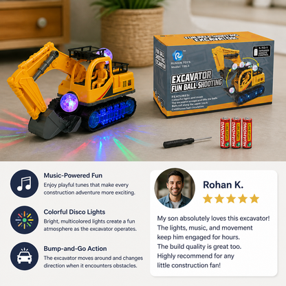Electric Excavator Toy with Disco Ball, Music & Bump-and-Go Action