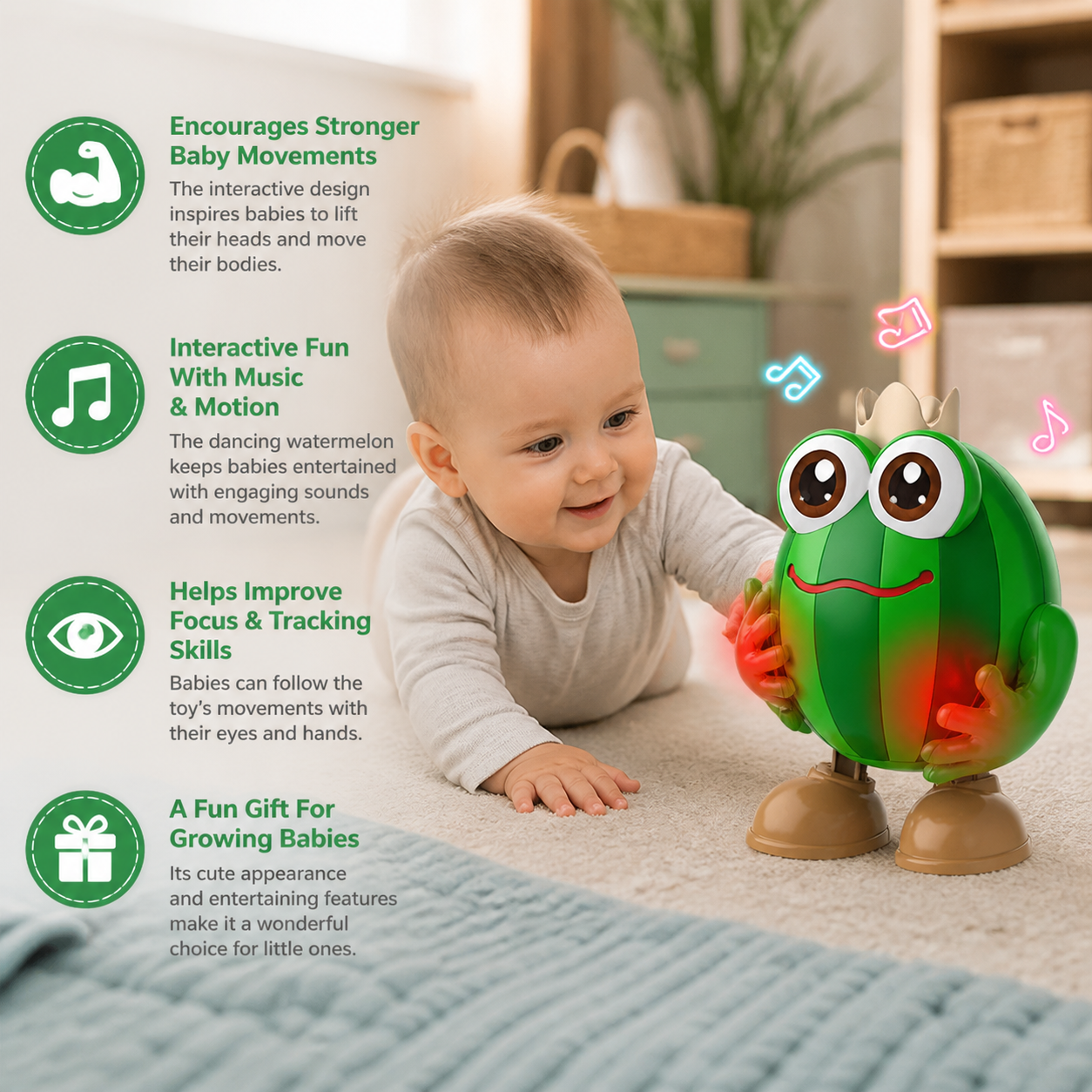 Dancing Watermelon Head-Up Tummy Time Toy with Lights & Music
