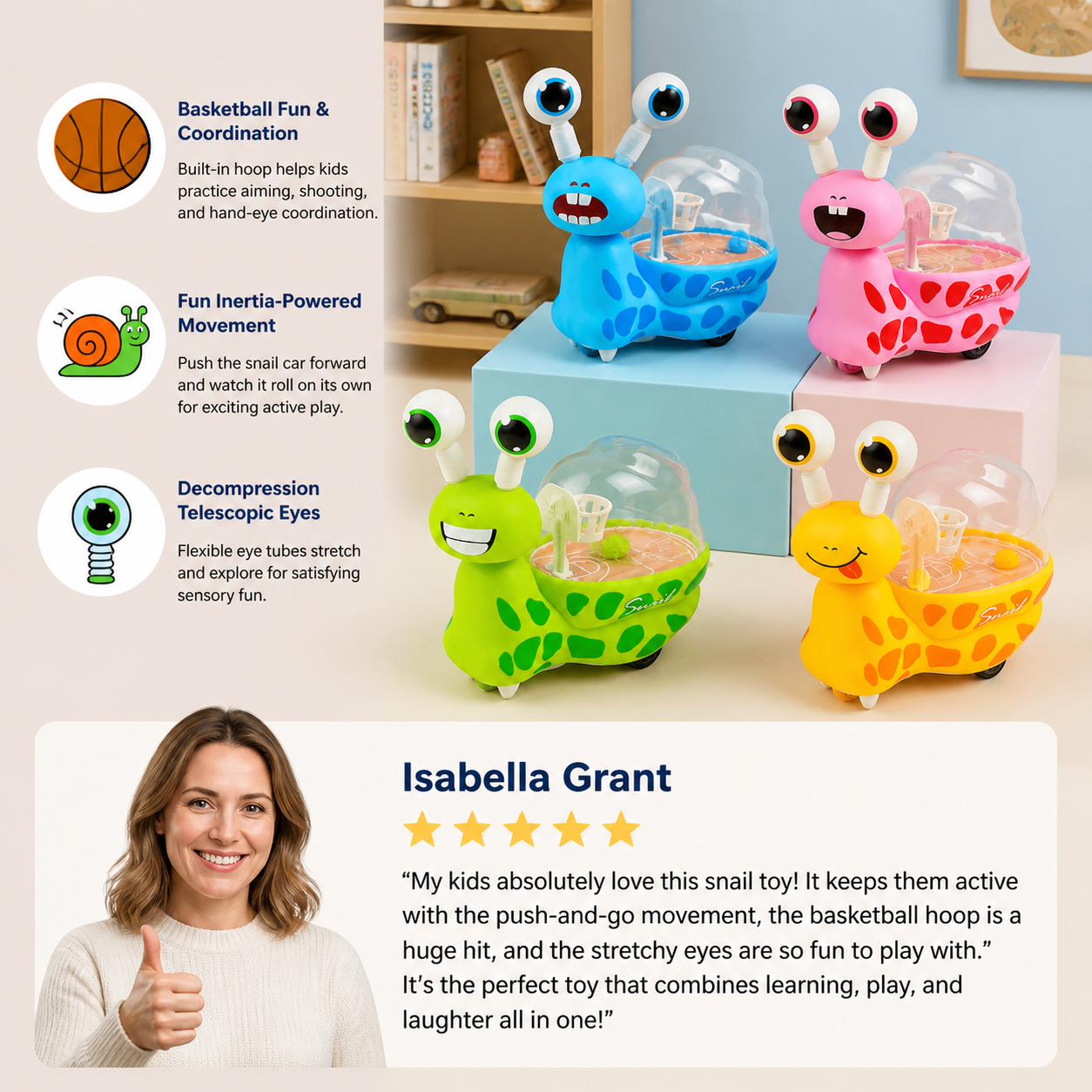 3-in-1 Moving Snail Toy with Basketball Hoop & Telescopic Eyes