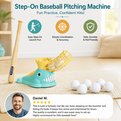Step-On Baseball Pitching Machine with Bat & Balls for Kids