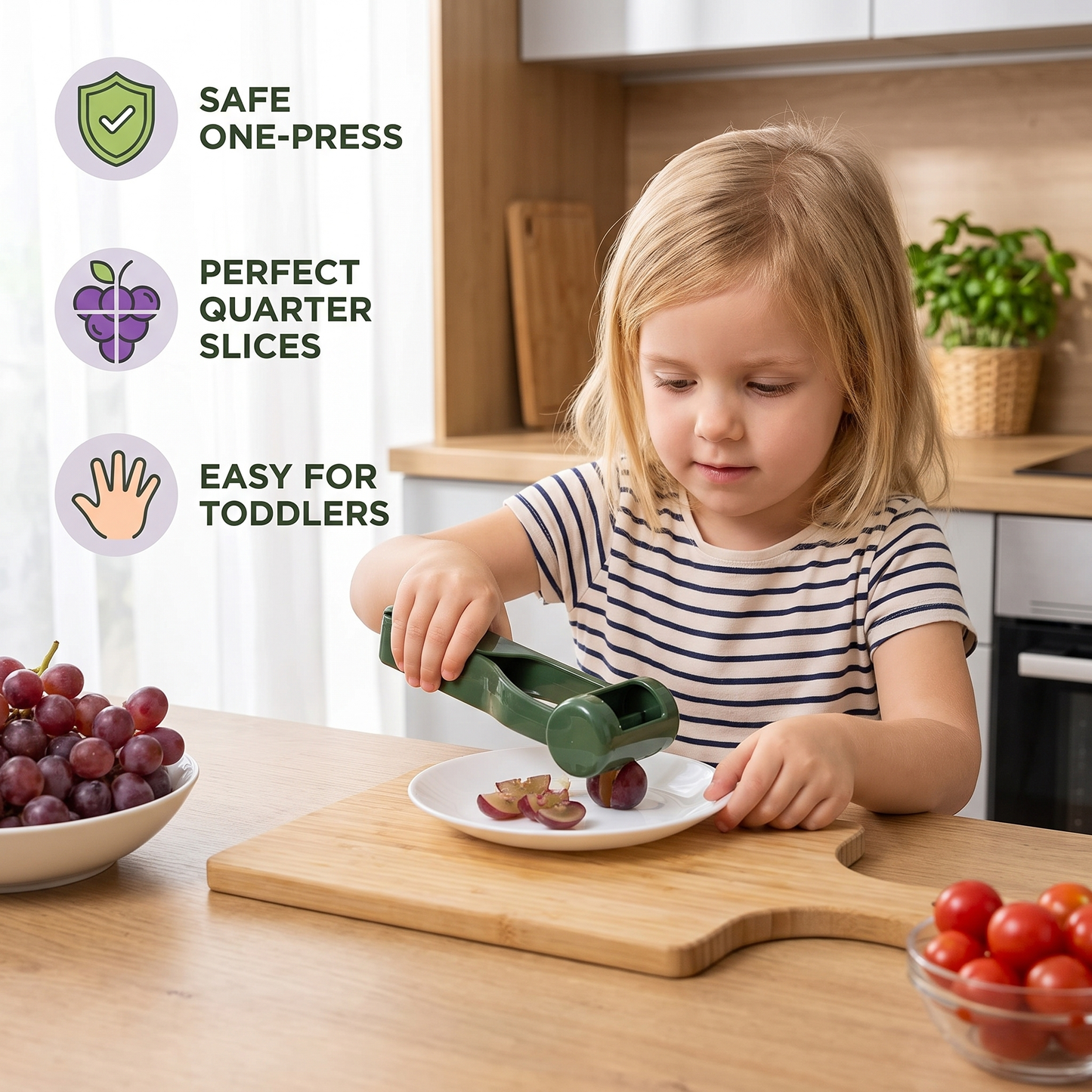 Stainless Steel Grape & Cherry Tomato Cutter – Safe One-Press Quarter Slicer for Toddlers & Kids
