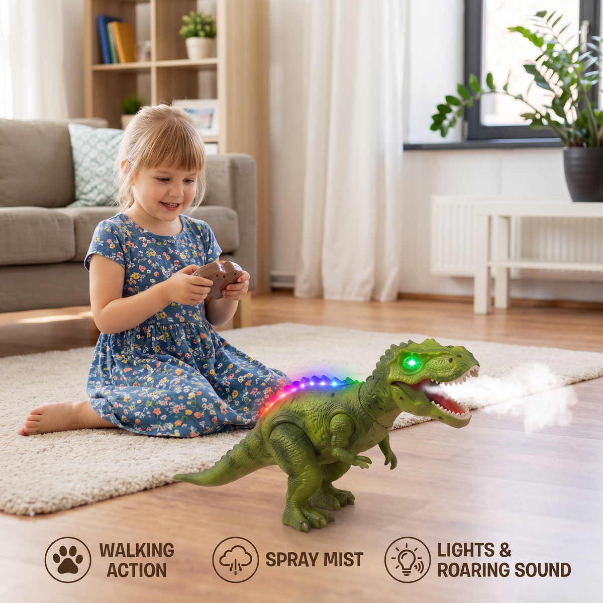 Remote Control Walking T-Rex – RC Dinosaur with Spray Mist, Lights & Sound