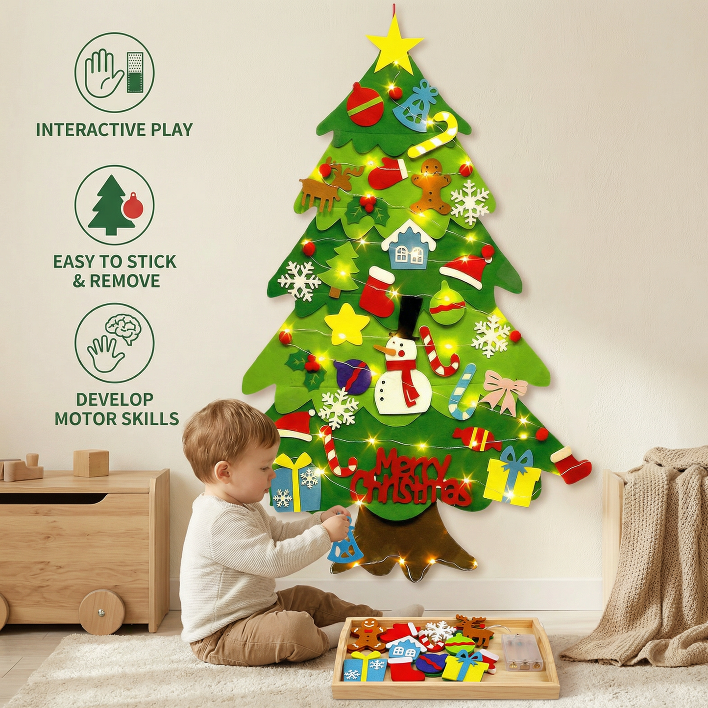 Montessori Felt Christmas Tree With Fairy Lights
