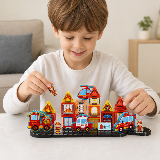 40-Piece Travel-Sized Magnetic Building Set with Construction, Fire & Police Vehicles