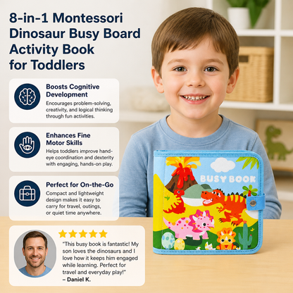 8-in-1 Montessori Dinosaur Busy Board Activity Book for Toddlers