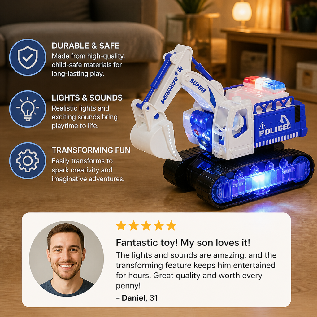 Electric Transforming Robot Excavator Toy with Lights & Sounds