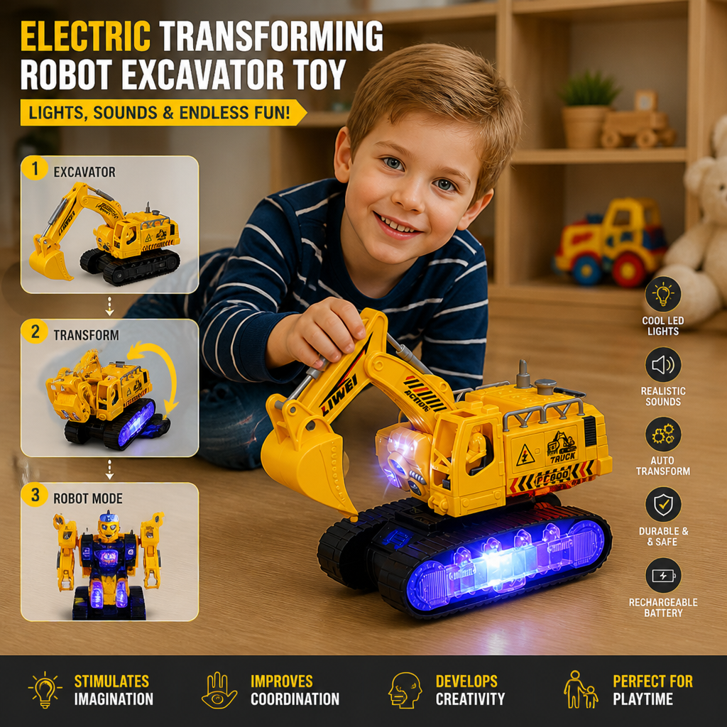 Electric Transforming Robot Excavator Toy with Lights & Sounds