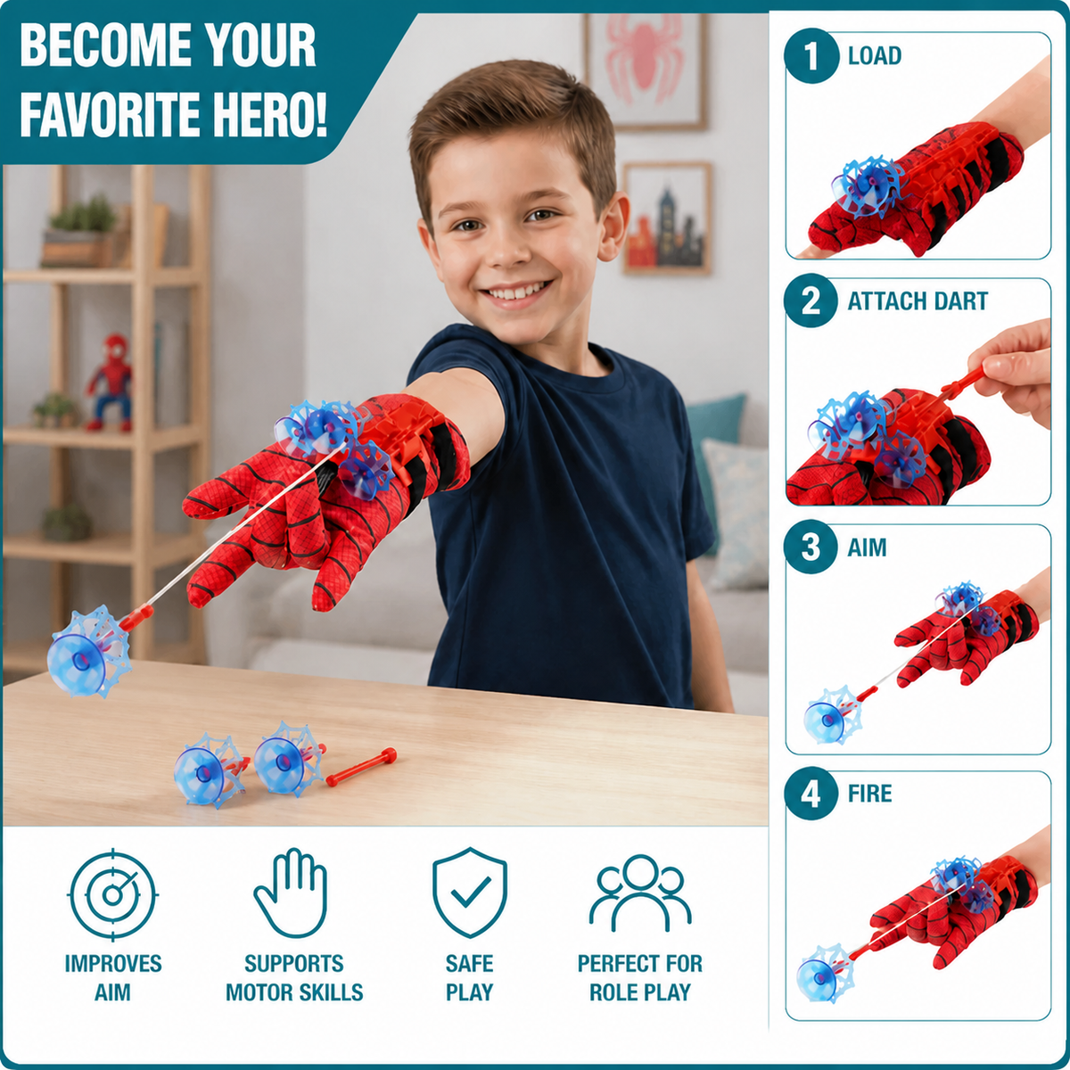 Superhero Web Launcher Glove Set – Wrist String Shooter with Suction Darts
